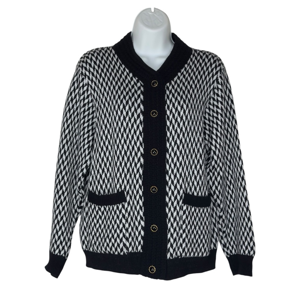 Vintage H.E.R. Black White Houndstooth Button Up Knit Cardigan Sweater Large - Picture 2 of 11
